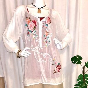 Johnny Was White Silk Floral Embroidered Blouse